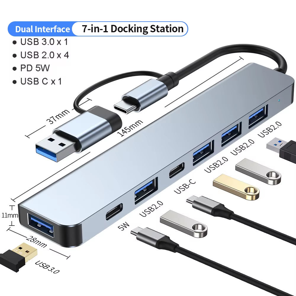 USB C Hub USB Hub 3.0, VIENON Aluminum 7 in 1 USB Extender, USB Splitter with 1 X USB 3.0, 4 X USB 2.0 and 2 X USB C Ports
